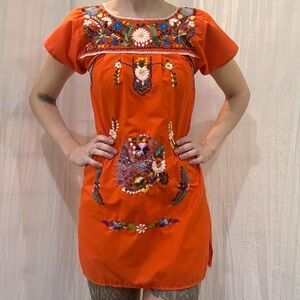 Orange Floral Embroidery Dress Vintage 70s Handsewn Hand embroidered